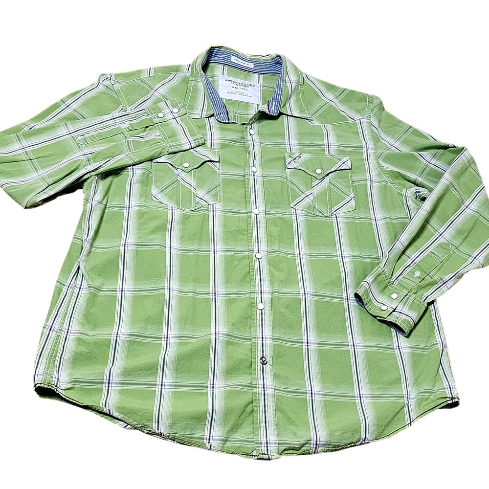 American Eagle Outfitters Shirt Mens 2XL Green Plaid Snap Western Long Sleeve
